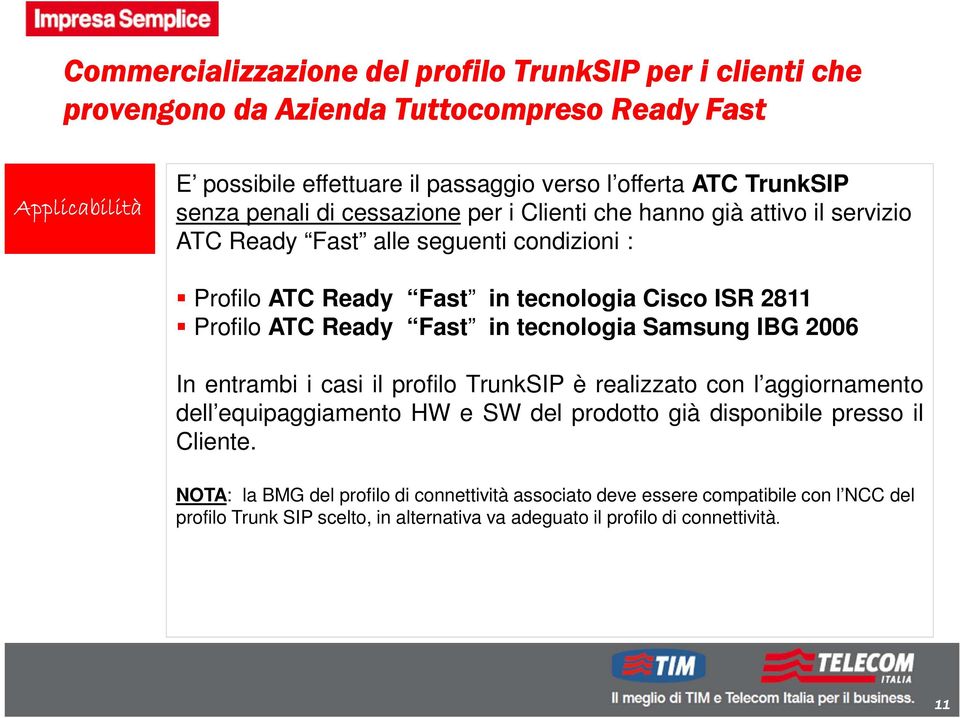 Profilo ATC Ready Fast in tecnologia Samsung IBG 2006 In entrambi i casi il profilo TrunkSIP è realizzato con l aggiornamento dell equipaggiamento HW e SW del prodotto già