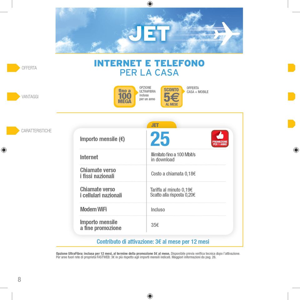 alla risposta 0,20 Modem WiFi Incluso Importo mensile a fine promozione 35 Contributo di attivazione: 3 al mese per 12 mesi Opzione UltraFibra: inclusa per 12 mesi, al termine della promozione