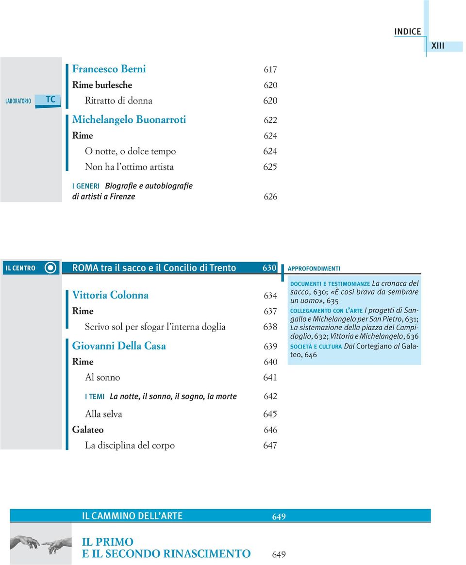 Casa 639 Rime 640 Al sonno 641 DOCUMENTI E TESTIMONIANZE La cronaca del sacco, 630; «È così brava da sembrare un uomo», 635 COLLEGAMENTO CON L ARTE I progetti di Sangallo e Michelangelo per San
