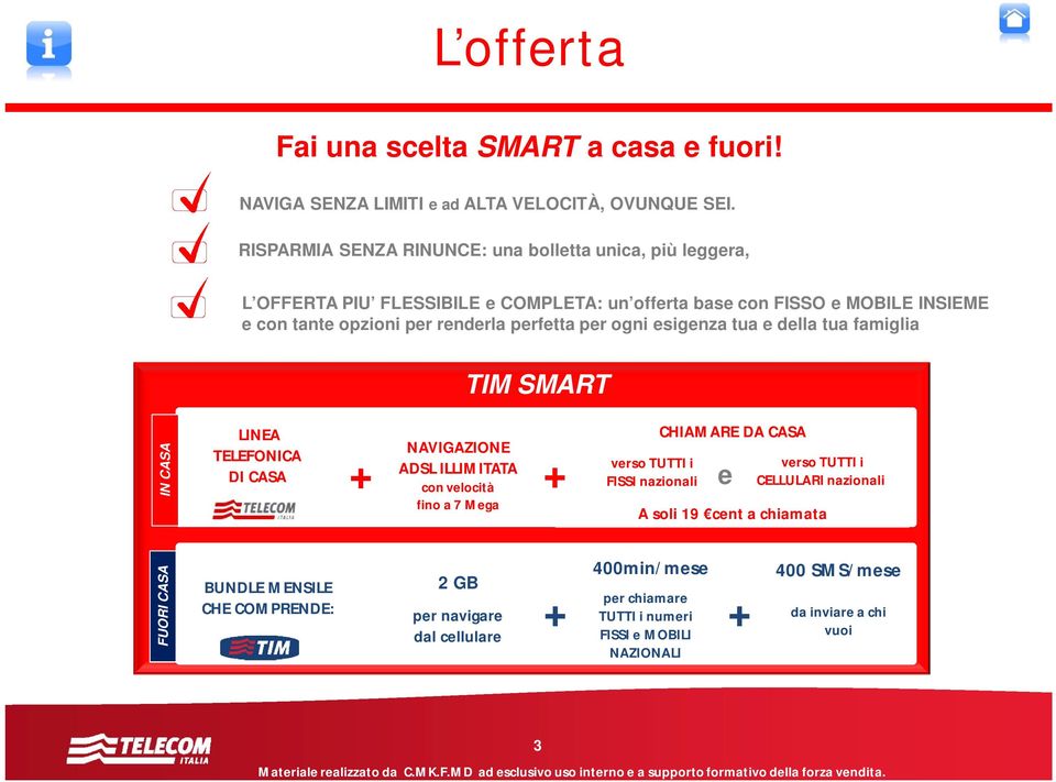 perfetta per ogni esigenza tua e della tua famiglia TIM SMART FUORI CASA IN CASA LINEA TELEFONICA DI CASA BUNDLE MENSILE CHE COMPRENDE: CHIAMARE DA CASA NAVIGAZIONE ADSL