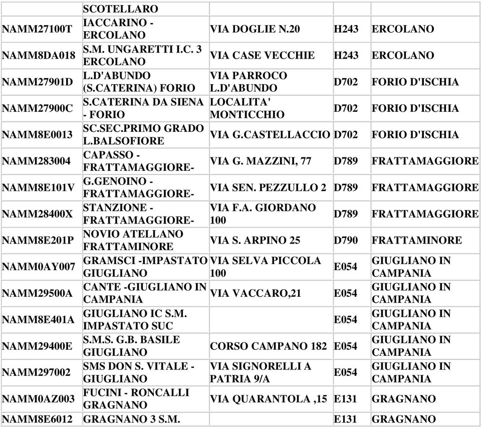 BALSOFIORE FORIO D'ISCHIA NAMM283004 CAPASSO - FRATTAMAGGIORE- VIA G. MAZZINI, 77 D789 FRATTAMAGGIORE NAMM8E101V G.GENOINO - FRATTAMAGGIORE- VIA SEN.