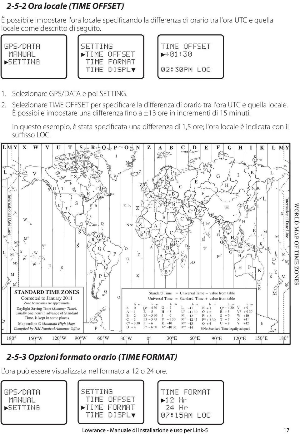 Selezionare TIME OFFSET per specificare la differenza di orario tra l'ora UTC e quella locale. È possibile impostare una differenza fino a ±13 ore in incrementi di 15 minuti.