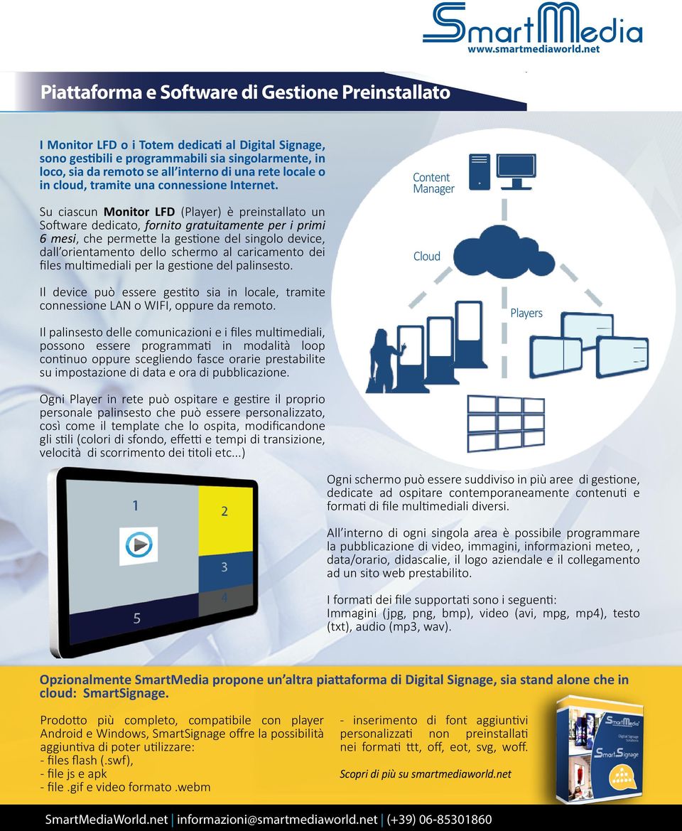 Su ciascun Monitor LFD (Player) è preinstallato un Software dedicato, fornito gratuitamente per i primi 6 mesi, che permette la gestione del singolo device, dall orientamento dello schermo al