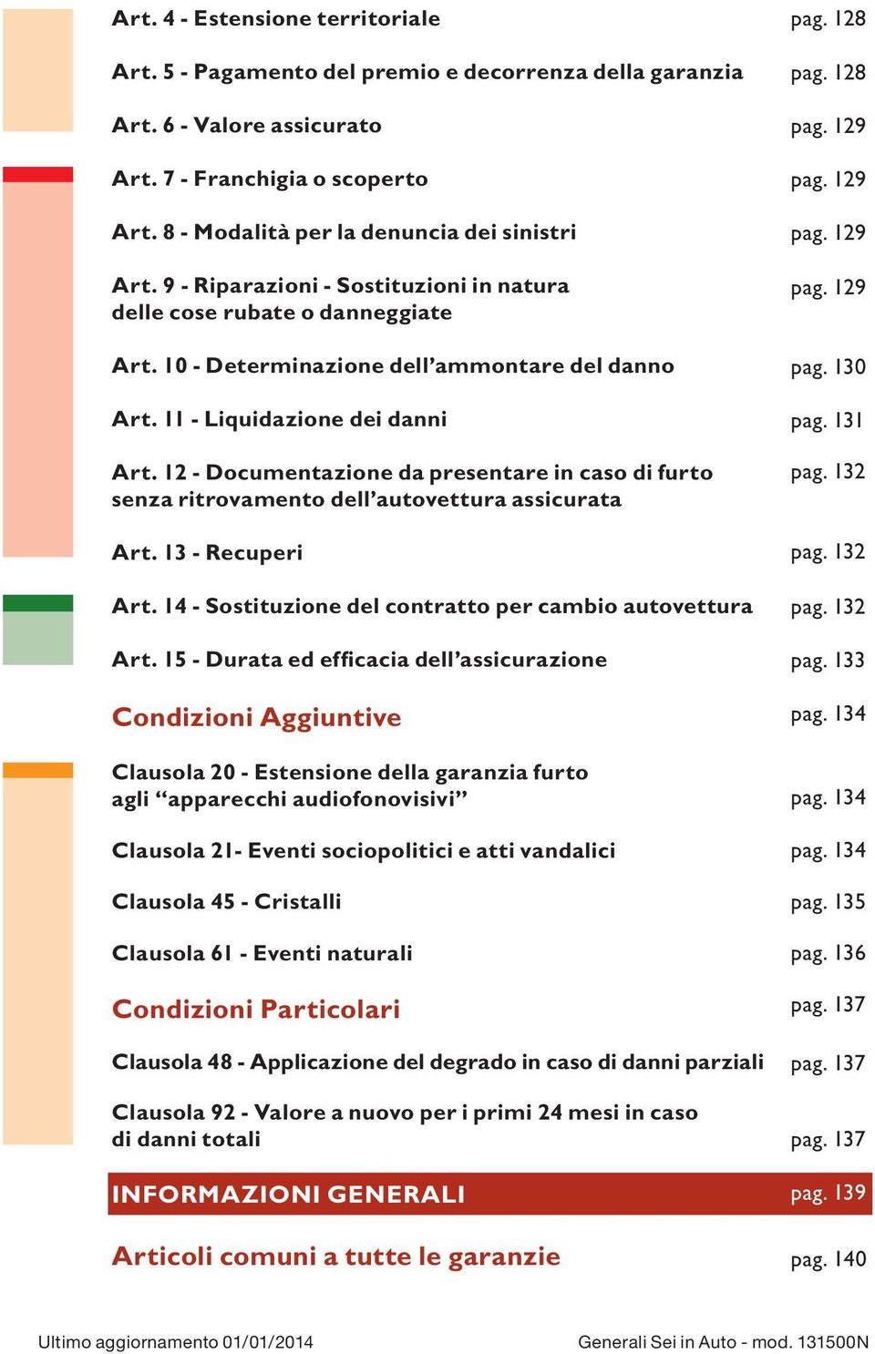 12 - Documentazione da presentare in caso di furto senza ritrovamento dell autovettura assicurata Art. 13 - Recuperi Art. 14 - Sostituzione del contratto per cambio autovettura Art.