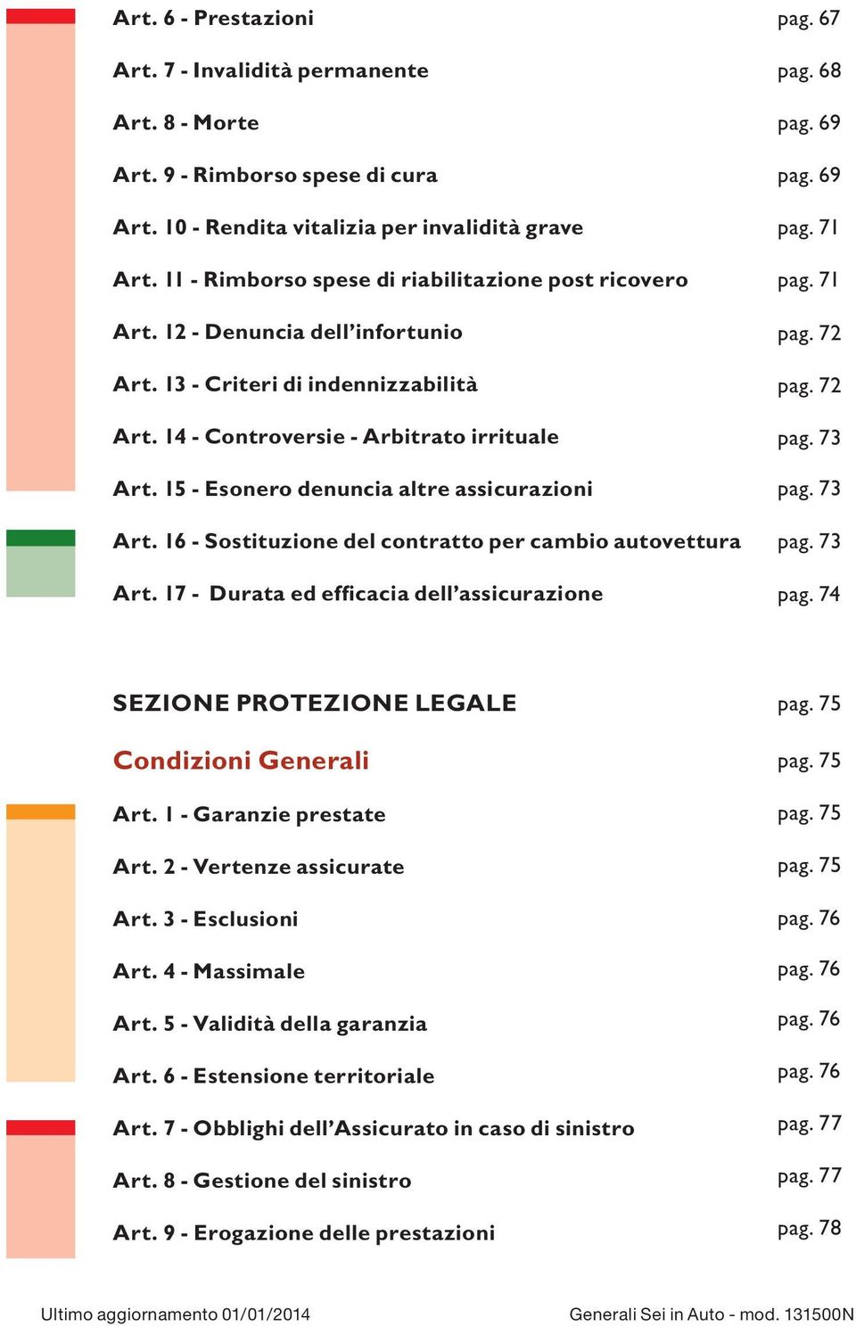 15 - Esonero denuncia altre assicurazioni Art. 16 - Sostituzione del contratto per cambio autovettura Art. 17 - Durata ed efficacia dell assicurazione pag. 67 pag. 68 pag. 69 pag. 69 pag. 71 pag.