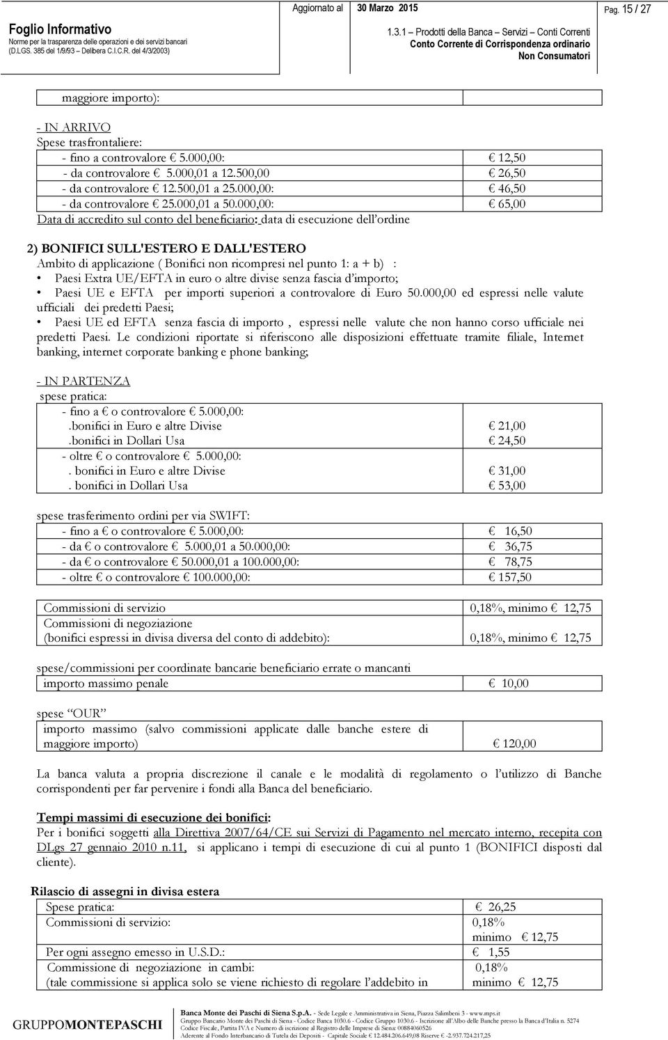 000,00: 65,00 Data di accredito sul conto del beneficiario: data di esecuzione dell ordine 2) BONIFICI SULL'ESTERO E DALL'ESTERO Ambito di applicazione ( Bonifici non ricompresi nel punto 1: a + b) :