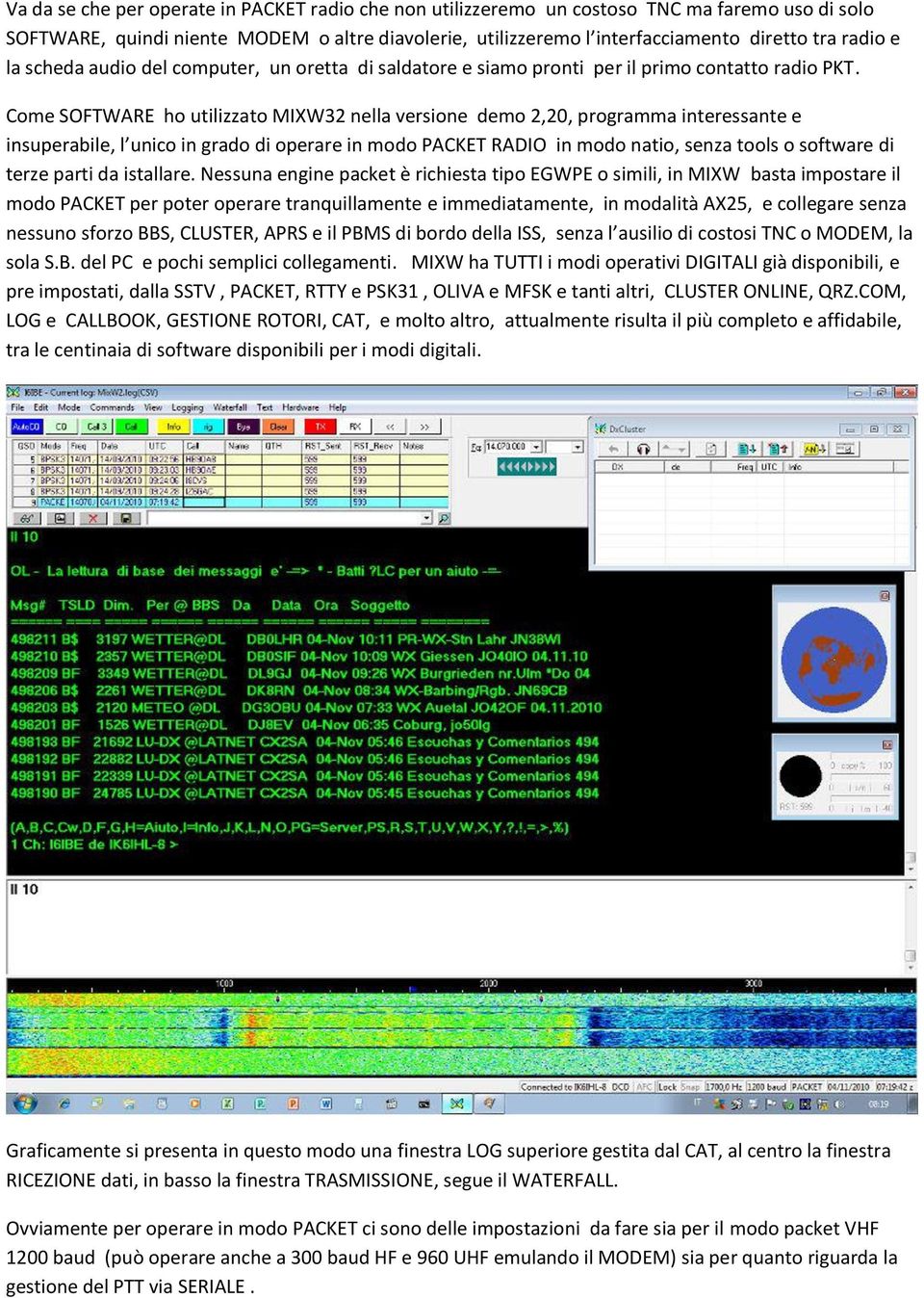 Come SOFTWARE ho utilizzato MIXW32 nella versione demo 2,20, programma interessante e insuperabile, l unico in grado di operare in modo PACKET RADIO in modo natio, senza tools o software di terze