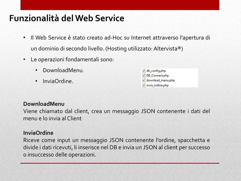 DownloadMenu Viene chiamato dal client, crea un messaggio JSON contenente i dati del menu e lo invia al Client InviaOrdine Riceve