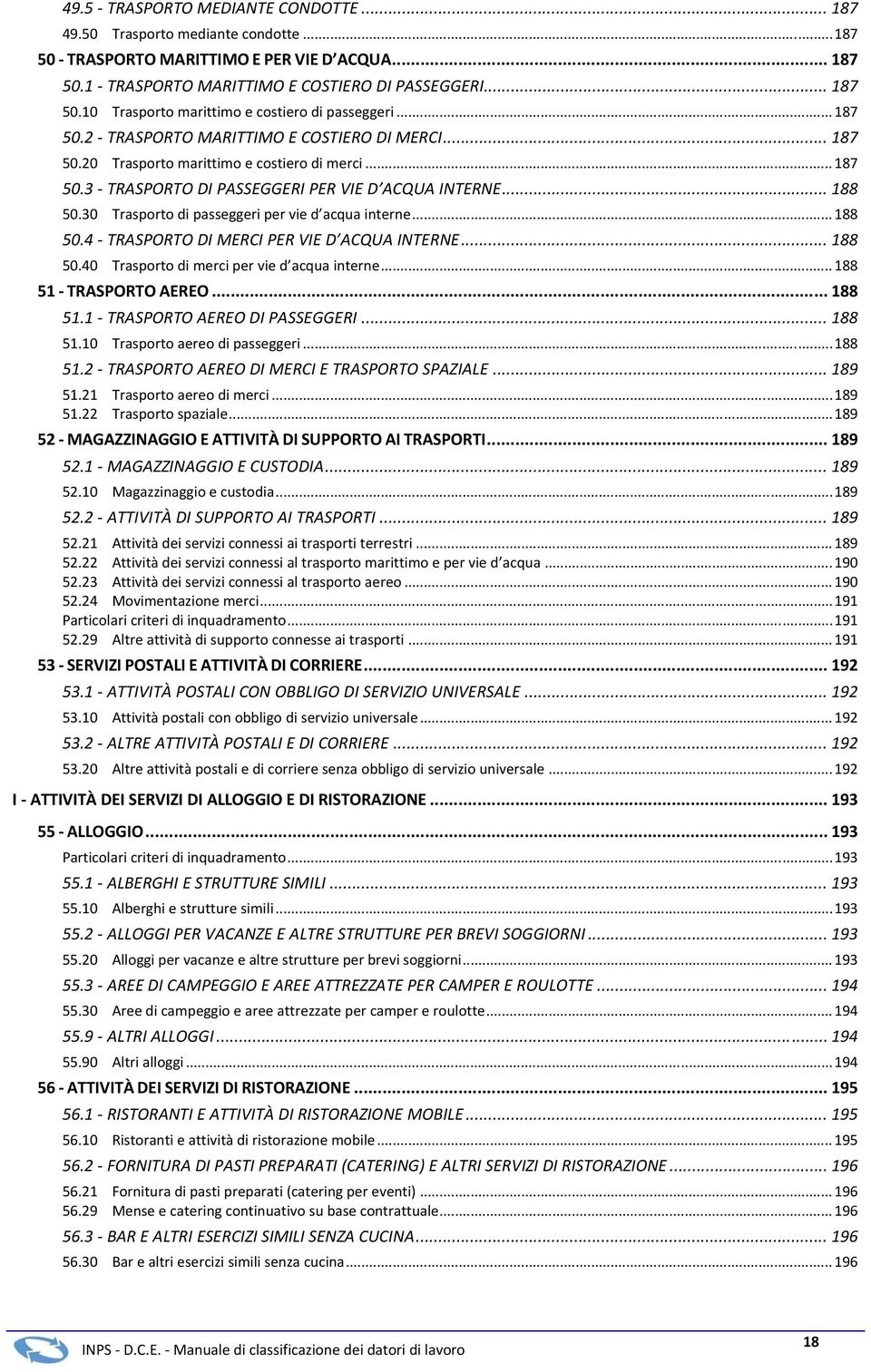 30 Trasporto di passeggeri per vie d acqua interne... 188 50.4 TRASPORTO DI MERCI PER VIE D ACQUA INTERNE... 188 50.40 Trasporto di merci per vie d acqua interne... 188 51 