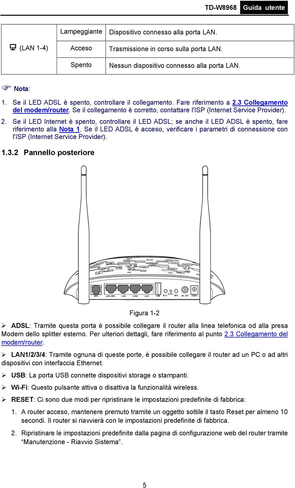 Se il LED ADSL è acceso, verificare i parametri di connessione con l'isp (Internet Service Provider). 1.3.