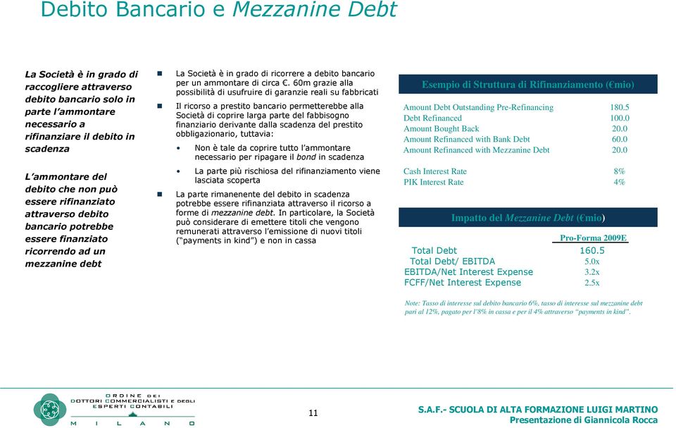 60m grazie alla possibilità di usufruire di garanzie reali su fabbricati Il ricorso a prestito bancario permetterebbe alla Società di coprire larga parte del fabbisogno finanziario derivante dalla