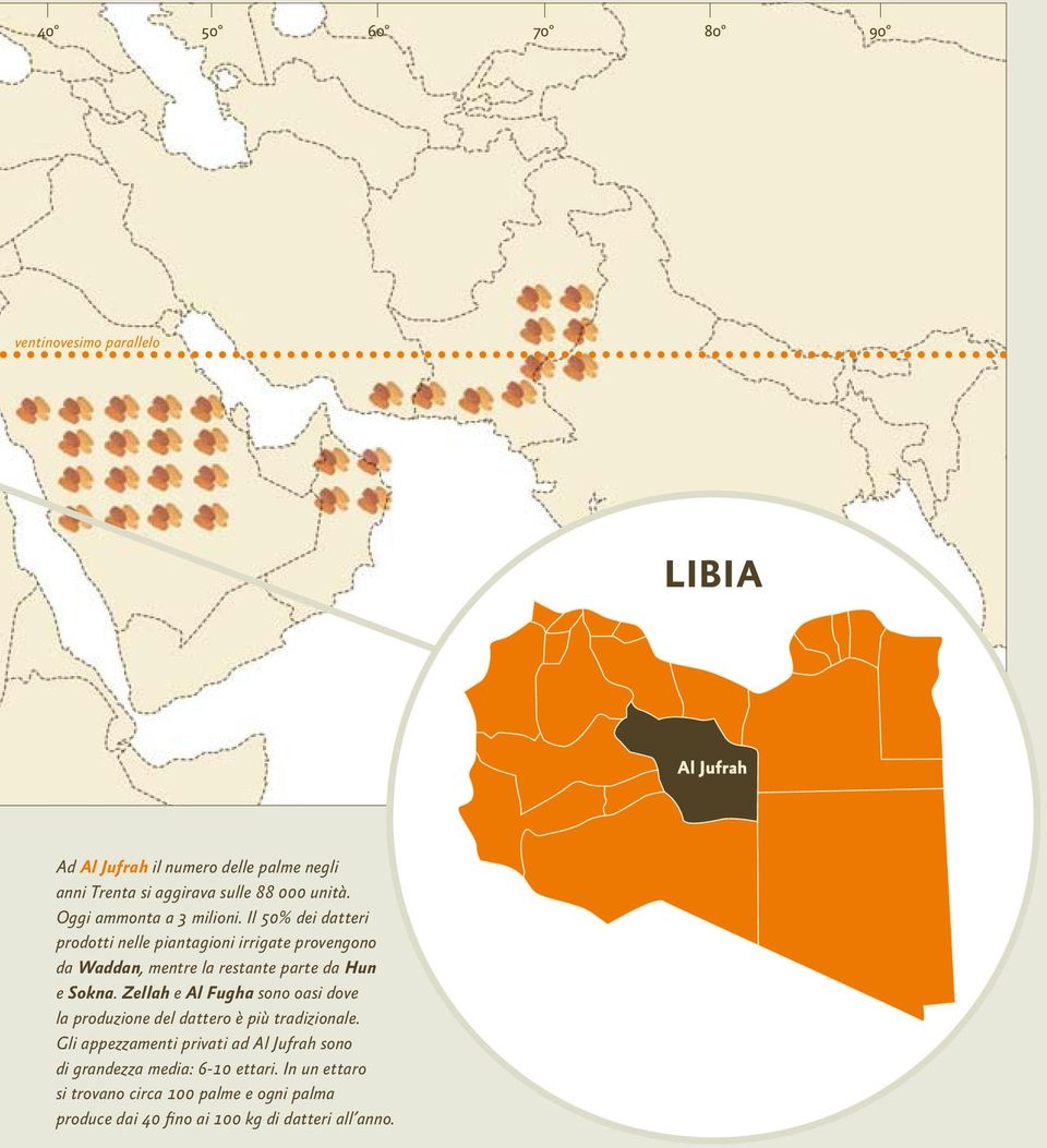 Il 50% dei datteri prodotti nelle piantagioni irrigate provengono da Waddan, mentre la restante parte da Hun e Sokna.