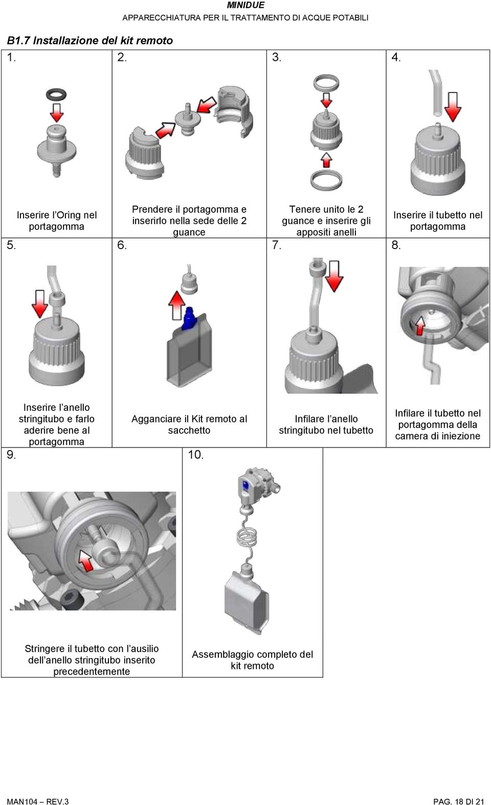 6. 7. 8. Inserire il tubetto nel portagomma Inserire l anello stringitubo e farlo aderire bene al portagomma Agganciare il Kit remoto al sacchetto 9.