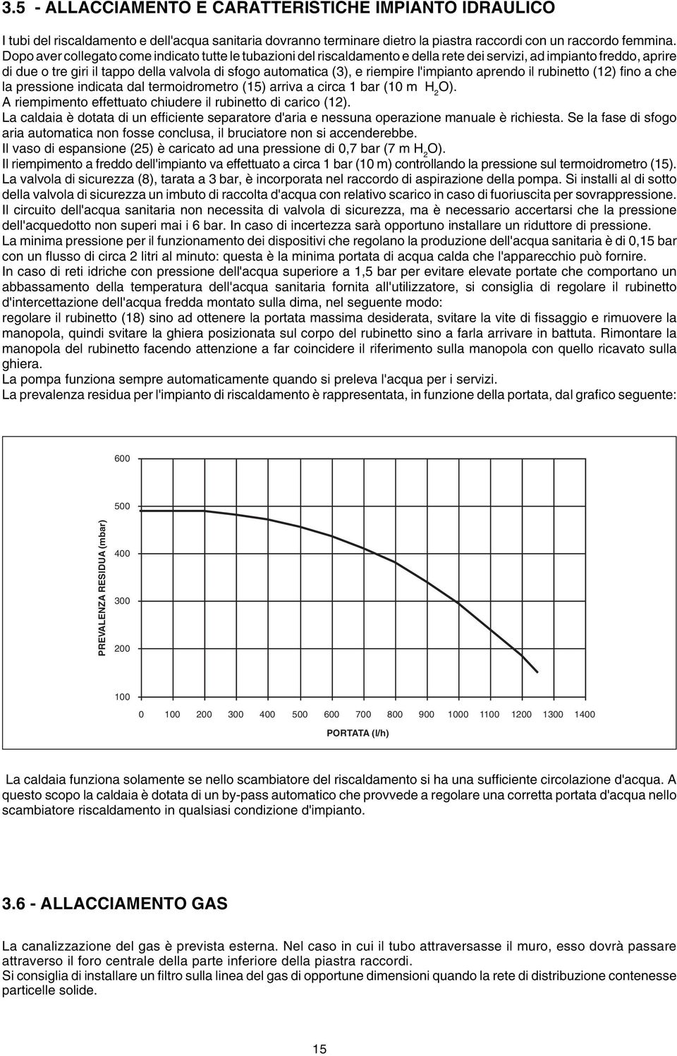 riempire l'impianto aprendo il rubinetto (12) fino a che la pressione indicata dal termoidrometro (15) arriva a circa 1 bar (10 m H 2 O). A riempimento effettuato chiudere il rubinetto di carico (12).