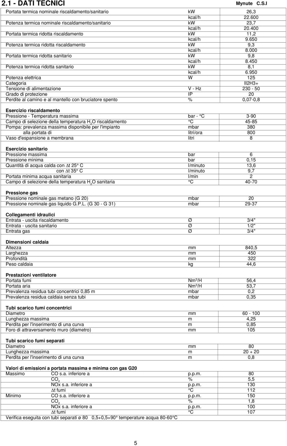 450 Potenza termica ridotta sanitario kw 8,1 kcal/h 6.