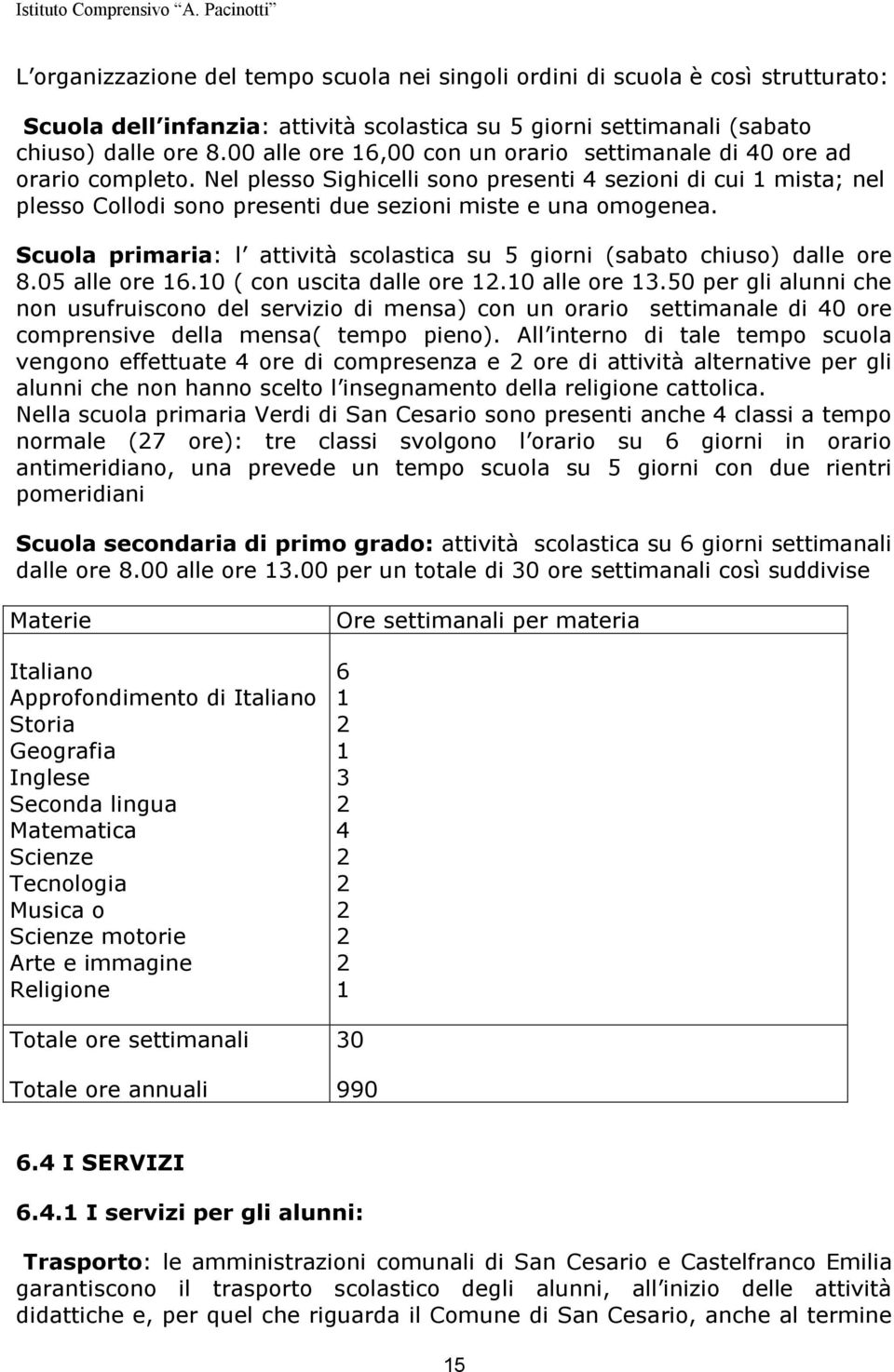 Nel plesso Sighicelli sono presenti 4 sezioni di cui 1 mista; nel plesso Collodi sono presenti due sezioni miste e una omogenea.