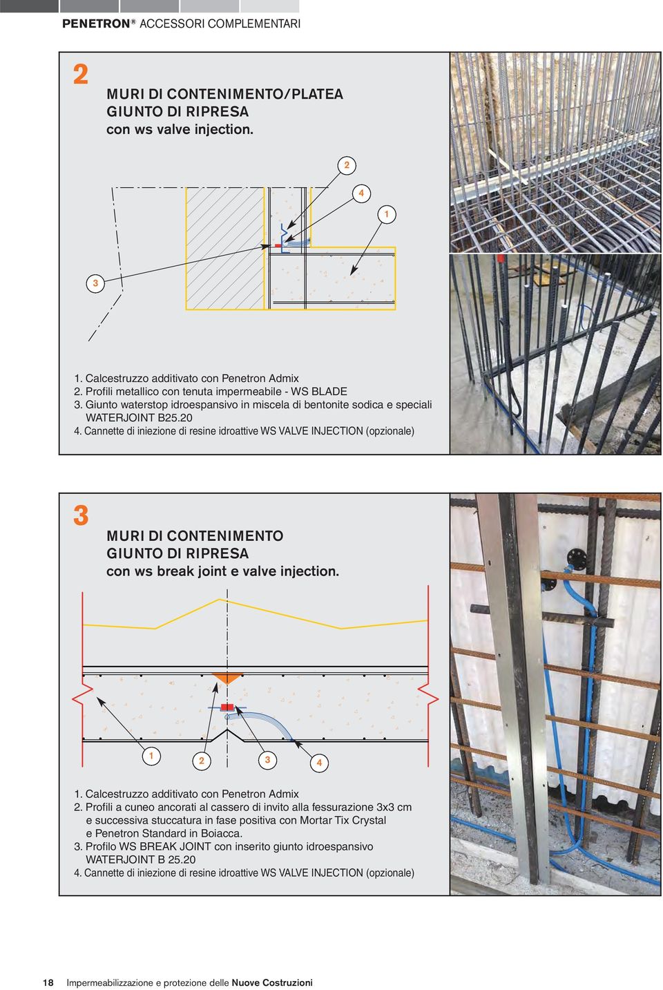 Cannette di iniezione di resine idroattive WS VALVE INJECTION (opzionale) 3 MURI DI CONTENIMENTO GIUNTO DI RIPRESA con ws break joint e valve injection. 1 2 3 4 1.
