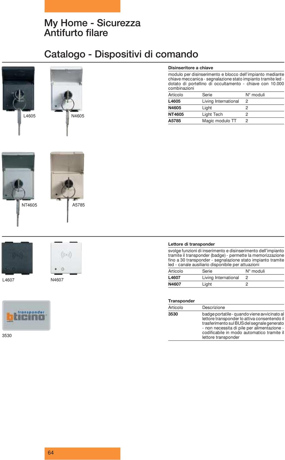 000 combinazioni Articolo Serie N moduli L4605 Living International 2 N4605 Light 2 NT4605 Light Tech 2 A5785 Magic modulo TT 2 NT4605 A5785 L4607 N4607 Lettore di transponder svolge funzioni di