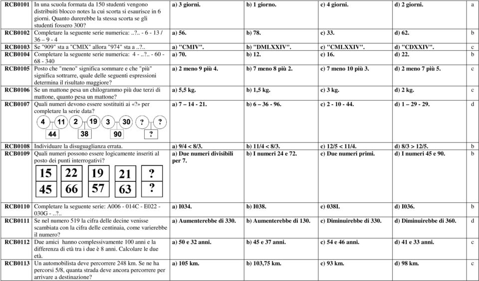 b 36 9-4 RCB0103 Se "909" sta a "CMIX" allora "974" sta a..?.. a) "CMIV". b) "DMLXXIV". c) "CMLXXIV". d) "CDXXIV". c RCB0104 Completare la seguente serie numerica: 4 -..?.. - 60 - a) 70. b) 12. c) 16.