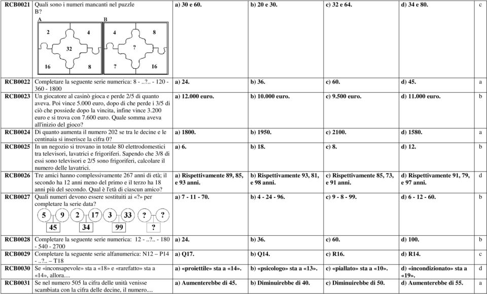 200 euro e si trova con 7.600 euro. Quale somma aveva all'inizio del gioco? RCB0024 Di quanto aumenta il numero 202 se tra le decine e le centinaia si inserisce la cifra 0?