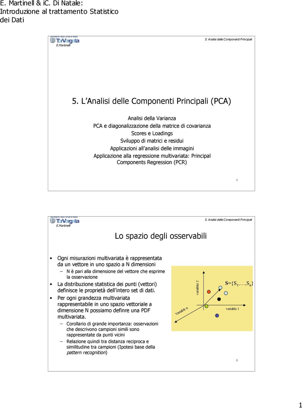 dimensioni N è pari alla dimensione del vettore che esprime la osservazione La distribuzione statistica dei punti (vettori) definisce le proprietà dell intero set di dati.