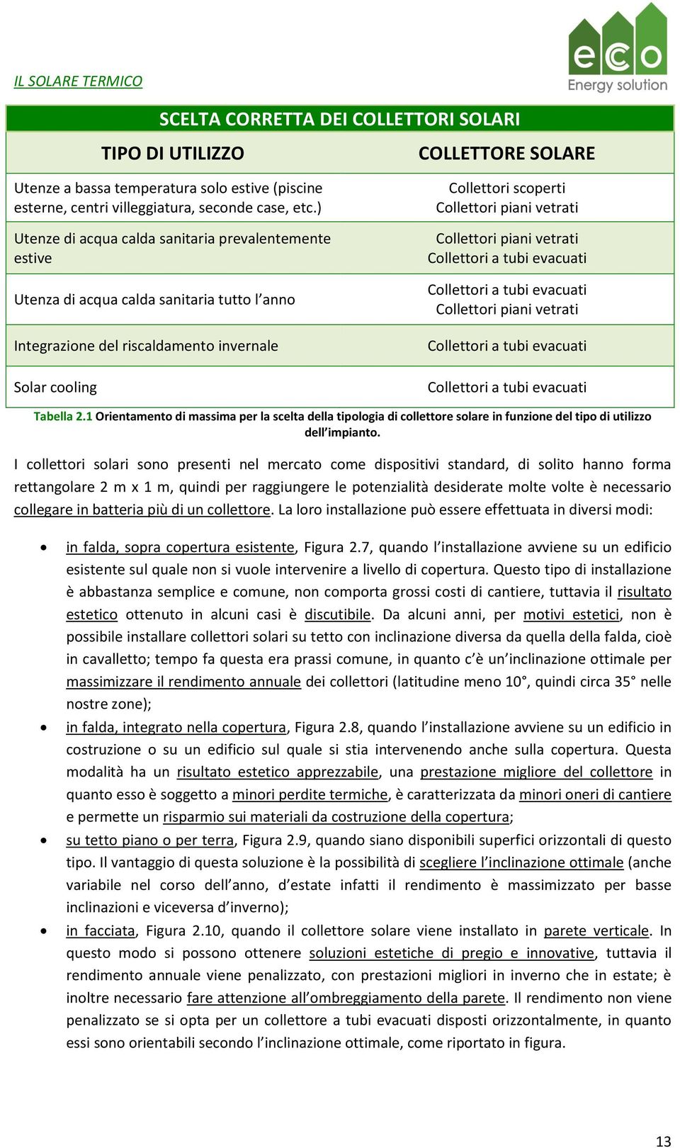 Collettori piani vetrati Collettori piani vetrati Collettori a tubi evacuati Collettori a tubi evacuati Collettori piani vetrati Collettori a tubi evacuati Collettori a tubi evacuati Tabella 2.