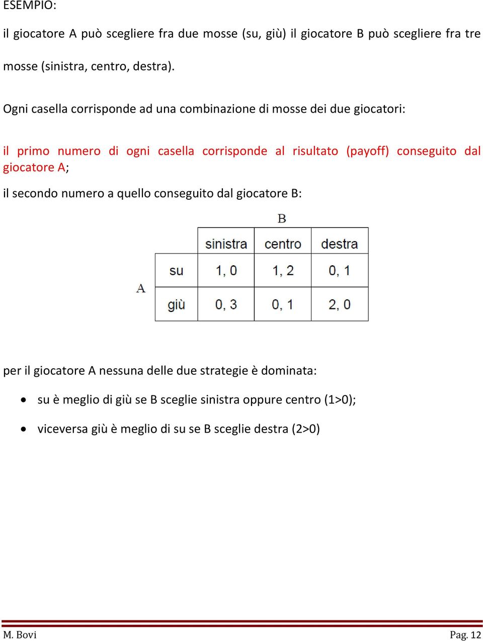 (payoff) conseguito dal giocatore A; il secondo numero a quello conseguito dal giocatore B: per il giocatore A nessuna delle due