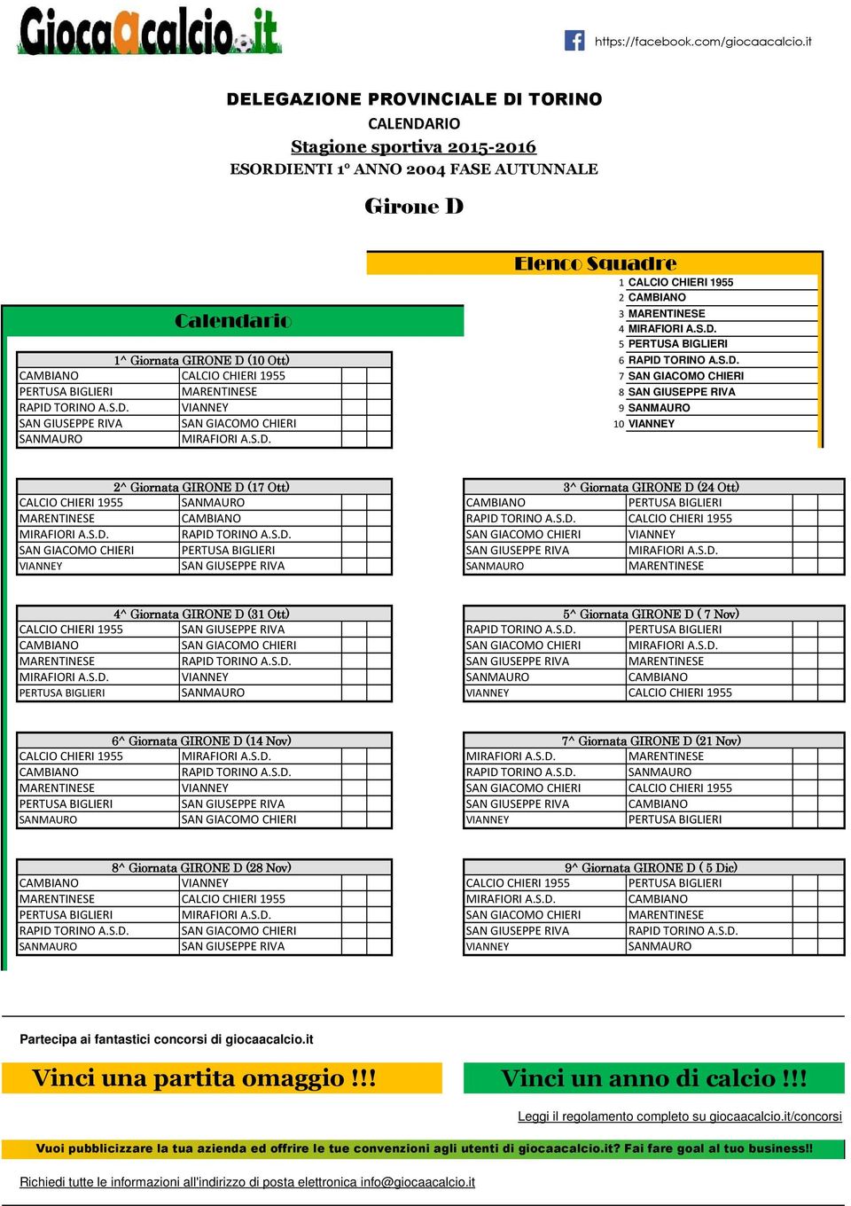 S.D. CALCIO CHIERI 1955 MIRAFIORI A.S.D. RAPID TORINO A.S.D. SAN GIACOMO CHIERI VIANNEY SAN GIACOMO CHIERI PERTUSA BIGLIERI SAN GIUSEPPE RIVA MIRAFIORI A.S.D. VIANNEY SAN GIUSEPPE RIVA SANMAURO MARENTINESE 4^ Giornata GIRONE D (31 Ott) 324 5^ Giornata GIRONE D ( 7 Nov) CALCIO CHIERI 1955 SAN GIUSEPPE RIVA RAPID TORINO A.