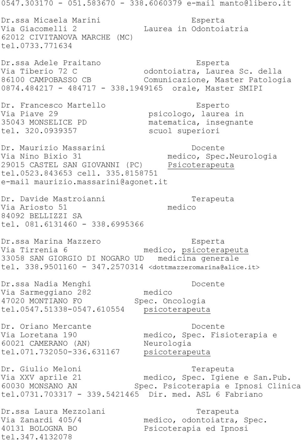 Francesco Martello Via Piave 29 psicologo, laurea in 35043 MONSELICE PD matematica, insegnante tel. 320.0939357 scuol superiori Dr. Maurizio Massarini Via Nino Bixio 31, Spec.