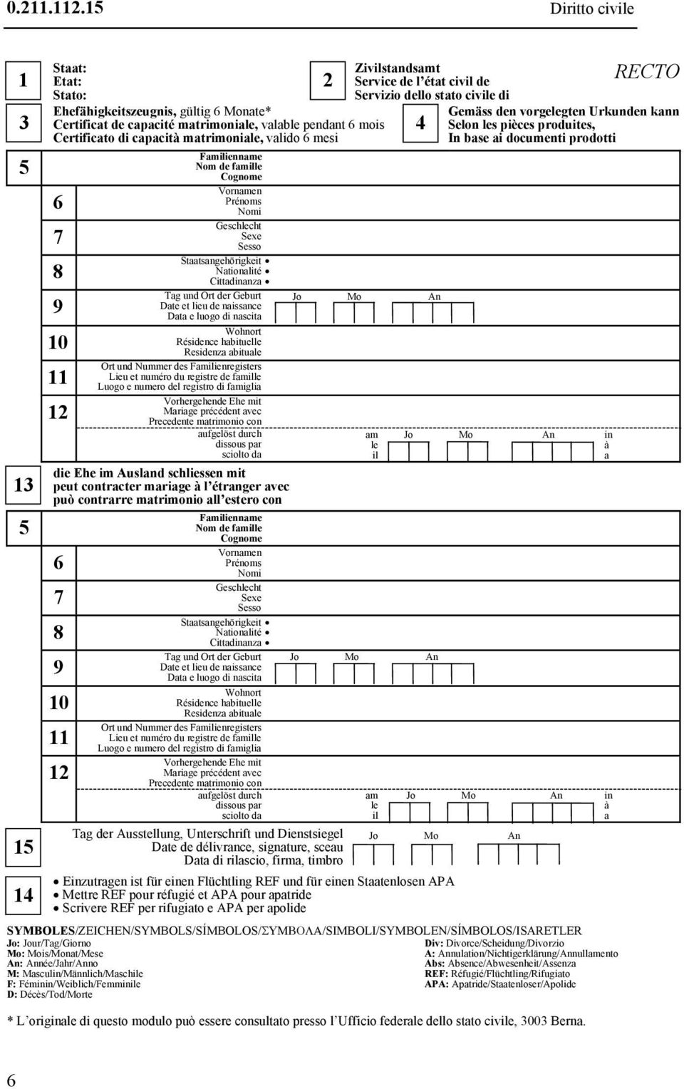 valido 6 mesi 6 7 8 9 10 11 12 Familienname Nom de famille Cognome Vornamen Prénoms Nomi Geschlecht Sexe Sesso Staatsangehörigkeit Nationalité Cittadinanza Tag und Ort der Geburt Date et lieu de