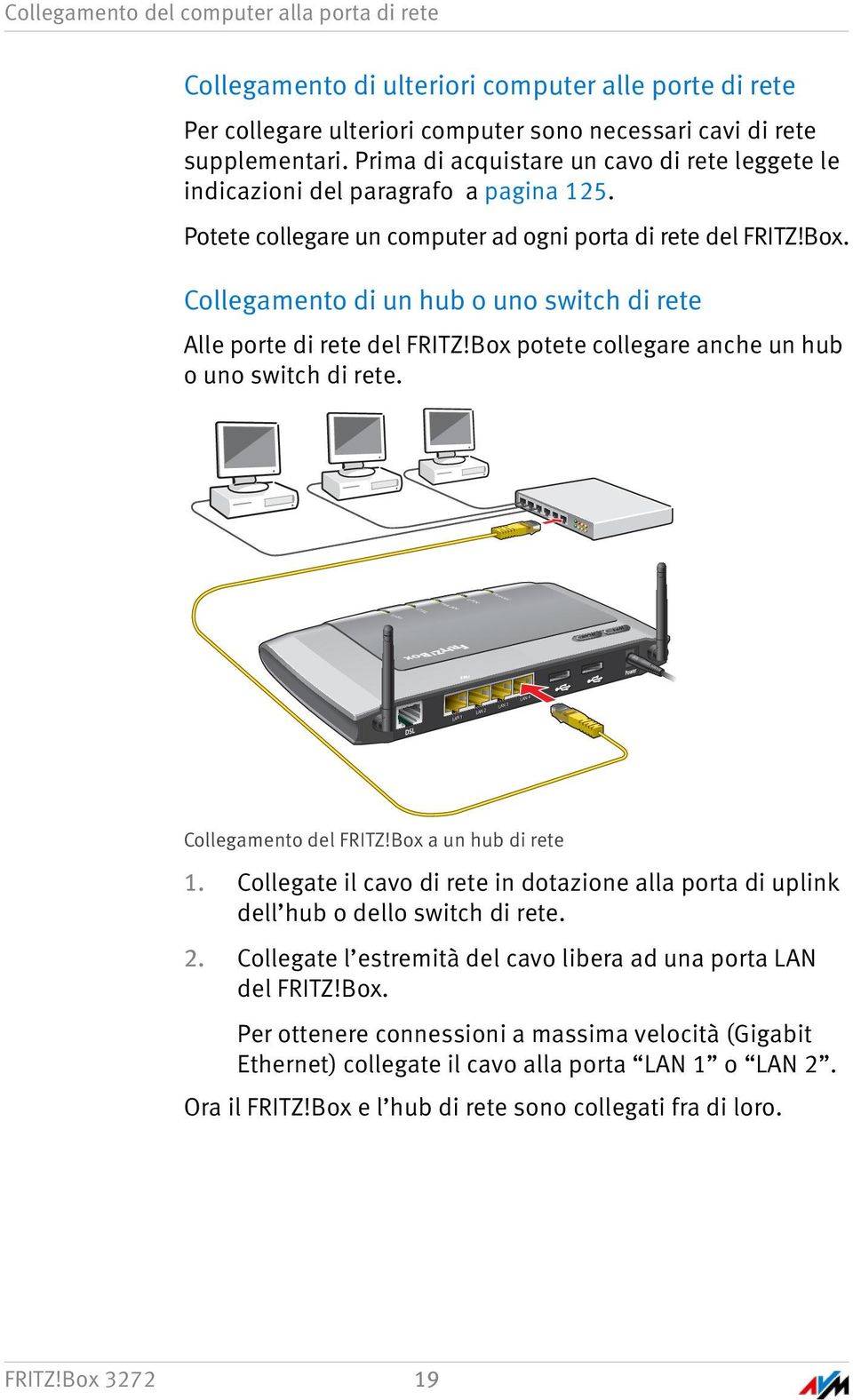 Collegamento di un hub o uno switch di rete Alle porte di rete del FRITZ!Box potete collegare anche un hub o uno switch di rete. LAN 11 LAN 2 LAN 3 LAN 4 LAN 3 LAN 4 Collegamento del FRITZ!