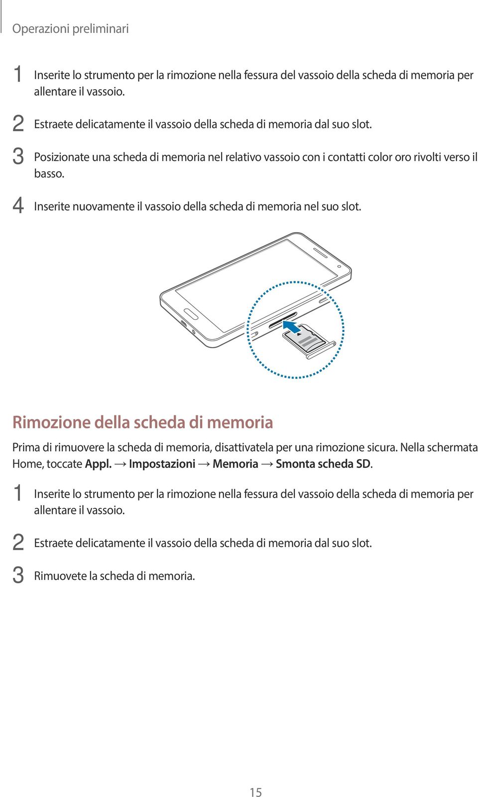 4 Inserite nuovamente il vassoio della scheda di memoria nel suo slot. Rimozione della scheda di memoria Prima di rimuovere la scheda di memoria, disattivatela per una rimozione sicura.