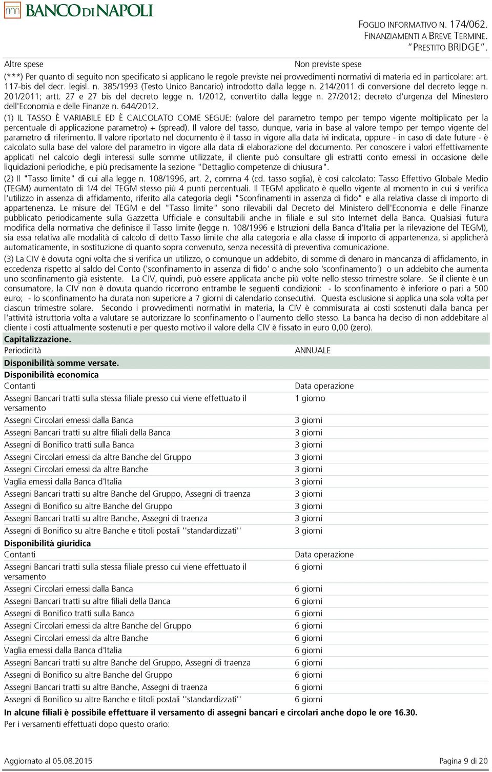 1/2012, convertito dalla legge n. 27/2012; decreto d'urgenza del Minestero dell'economia e delle Finanze n. 644/2012.