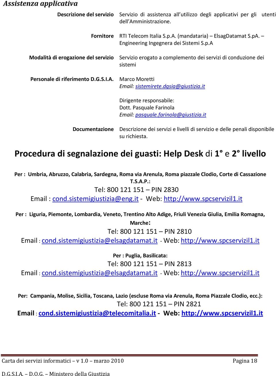 dgsia@giustizia.it Dott. Pasquale Farinola Email: pasquale.farinola@giustizia.it Documentazione Descrizione dei servizi e livelli di servizio e delle penali disponibile su richiesta.