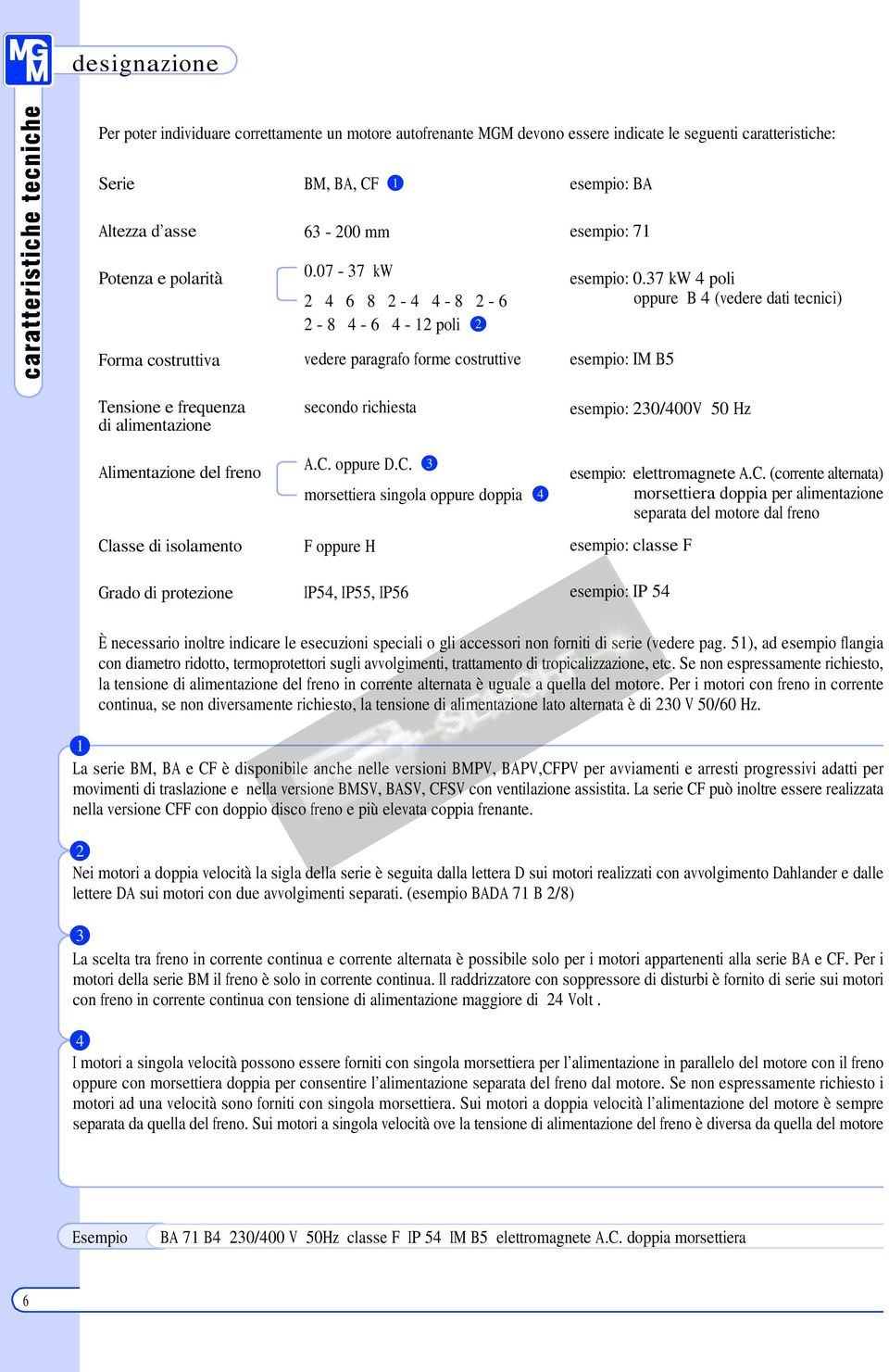 07-37 kw 2 4 6 8 2-4 4-8 2-6 2-8 4-6 4 - poli 2 vedere paragrafo forme costruttive secondo richiesta A.C. oppure D.C. 3 morsettiera singola oppure doppia 4 F oppure H IP4, IP, IP6 3 4 esempio: 0.