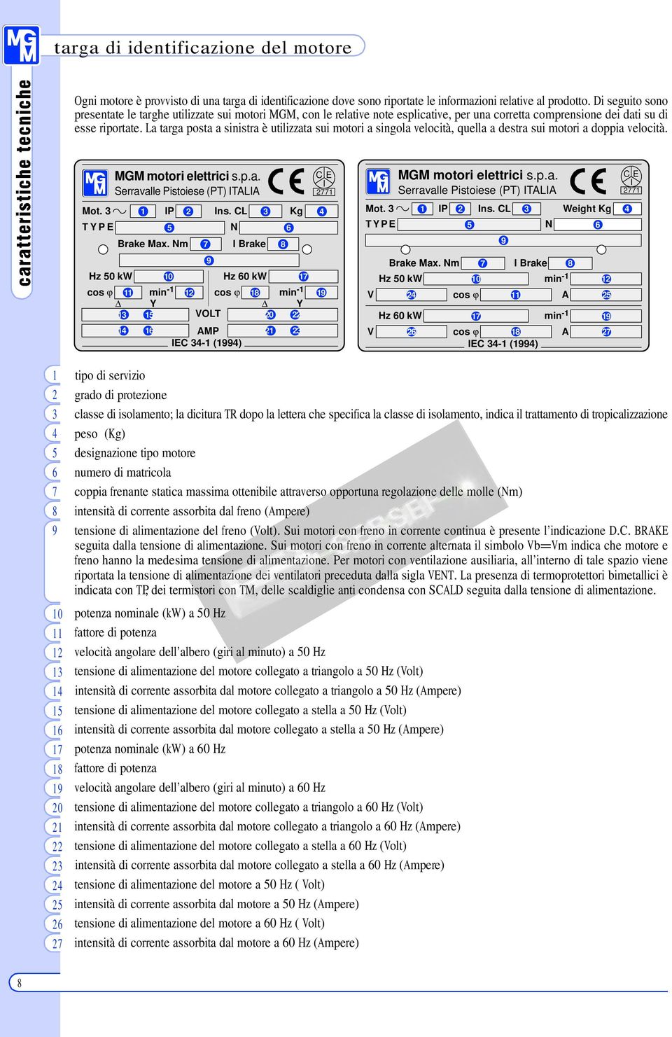 La targa posta a sinistra è utilizzata sui motori a singola velocità, quella a destra sui motori a doppia velocità. MGM motori elettrici s.p.a. Serravalle Pistoiese (PT) ITALIA Mot. 3 1 IP 2 Ins.