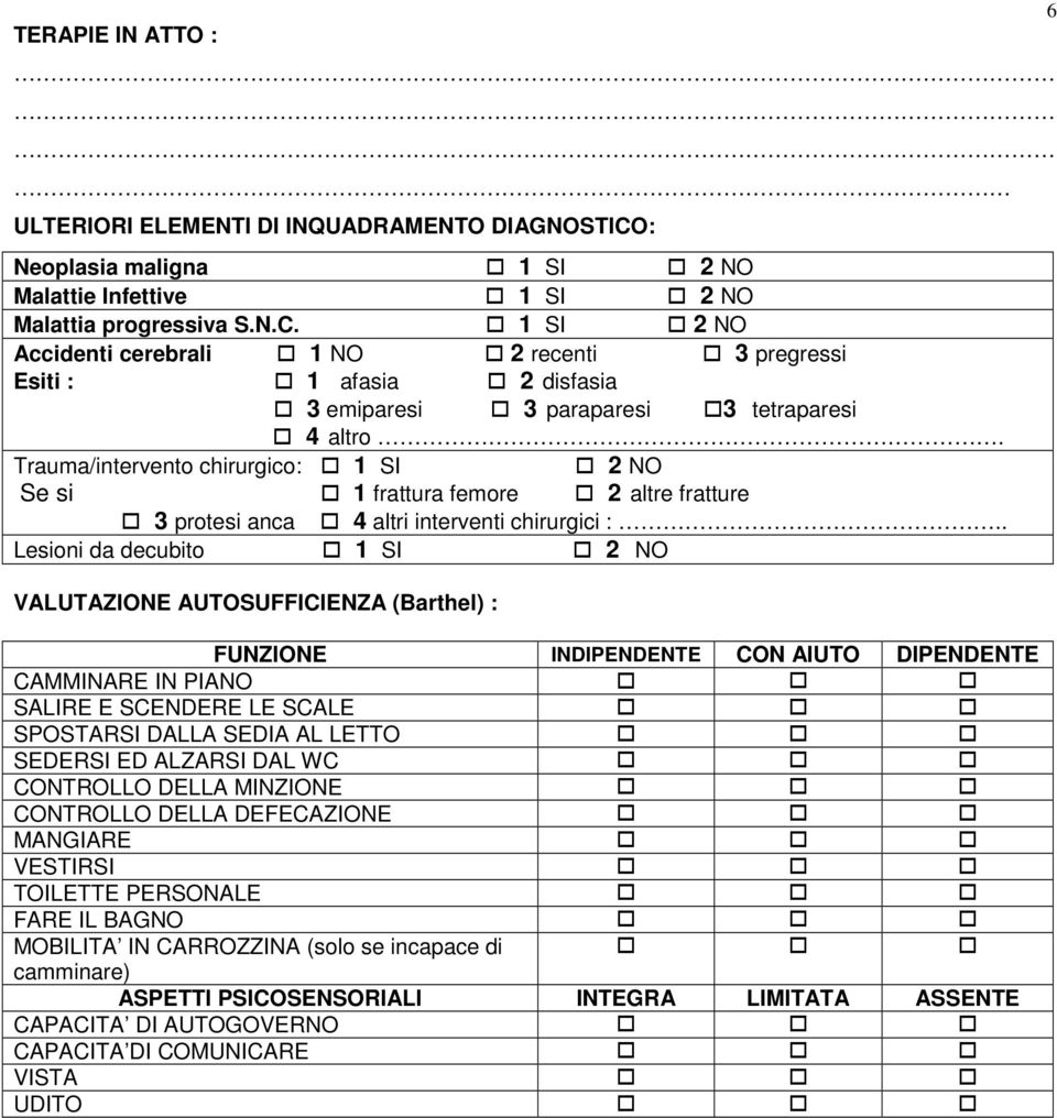 . Lesioni da decubito 1 SI 2 NO VALUTAZIONE AUTOSUFFICIENZA (Barthel) : FUNZIONE INDIPENDENTE CON AIUTO DIPENDENTE CAMMINARE IN PIANO SALIRE E SCENDERE LE SCALE SPOSTARSI DALLA SEDIA AL LETTO SEDERSI