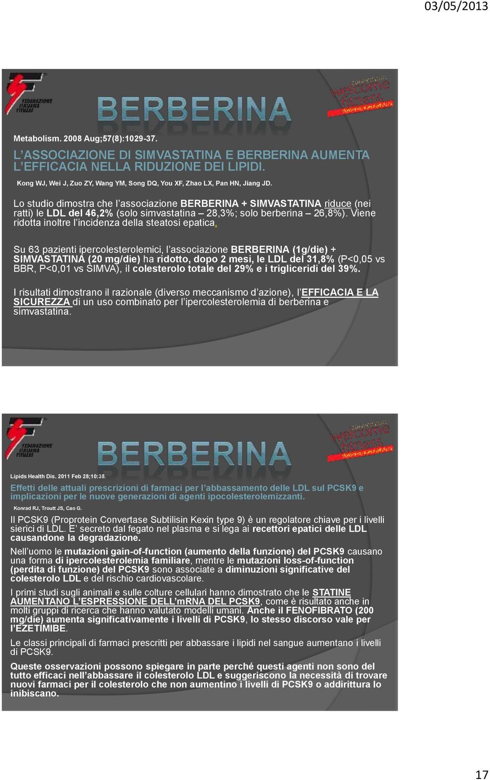 Lo studio dimostra che l associazione BERBERINA + SIMVASTATINA riduce (nei ratti) le LDL del 46,2% (solo simvastatina 28,3%; solo berberina 26,8%).