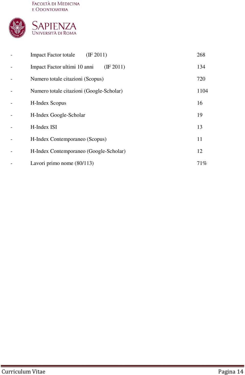 Scopus 16 - H-Index Google-Scholar 19 - H-Index ISI 13 - H-Index Contemporaneo (Scopus) 11 -