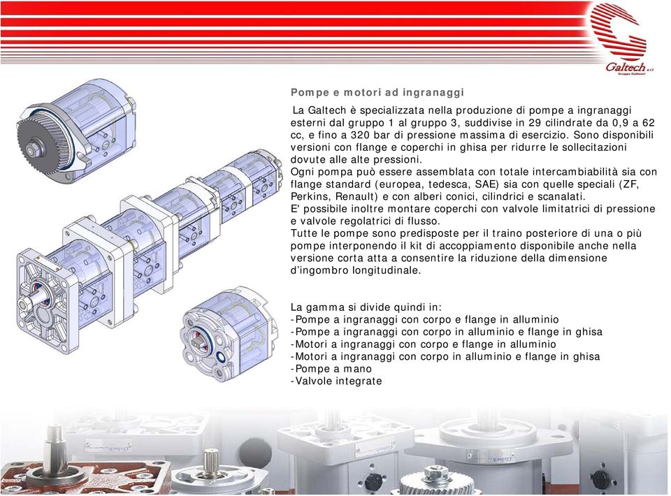 Ogni pompa può essere assemblata con totale intercambiabilità sia con flange standard (europea, tedesca, SAE) sia con quelle speciali (ZF, Perkins, Renault) e con alberi conici, cilindrici e