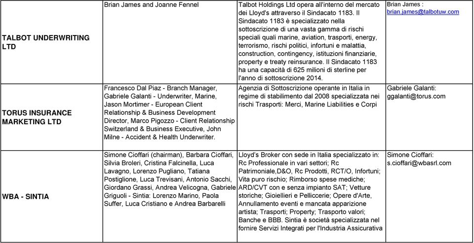 Talbot Holdings Ltd opera all'interno del mercato dei Lloyd's attraverso il Sindacato 1183.