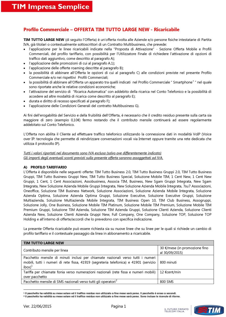 Profili Commerciali, del profilo tariffario, con possibilità per l Utilizzatore Finale di richiedere l attivazione di opzioni di traffico dati aggiuntivo, come descritto al paragrafo A); l