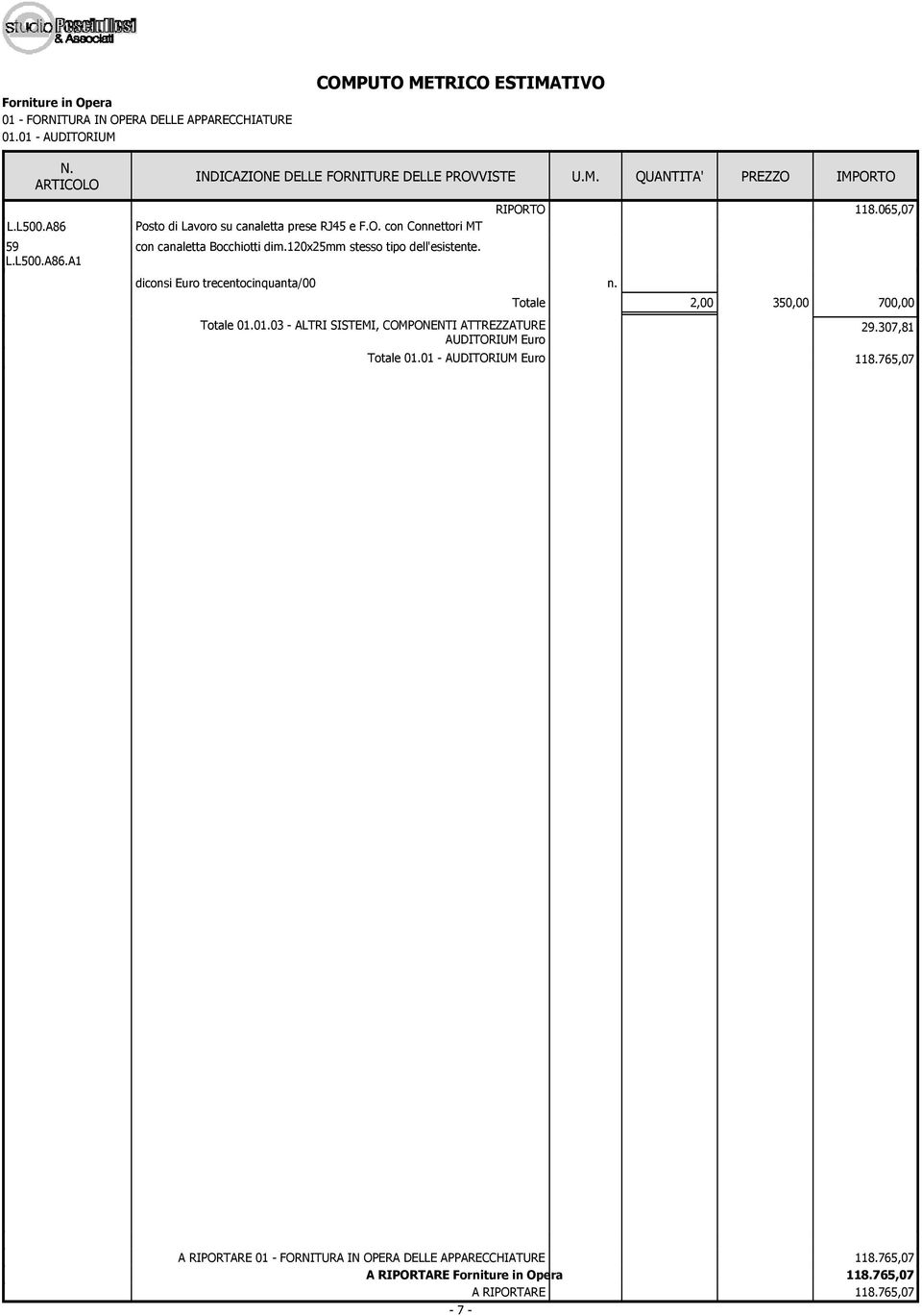 120x25mm stesso tipo dell'esistente. diconsi Euro trecentocinquanta/00 350,00 700,00 01.