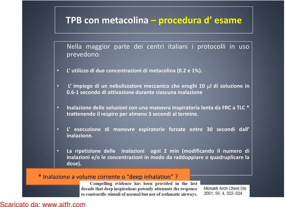 6-1 secondo di attivazione durante ciascuna inalazione Inalazione delle soluzioni con una manovra inspiratoria lenta da FRC a TLC* trattenendo il respiro per almeno 3 secondi