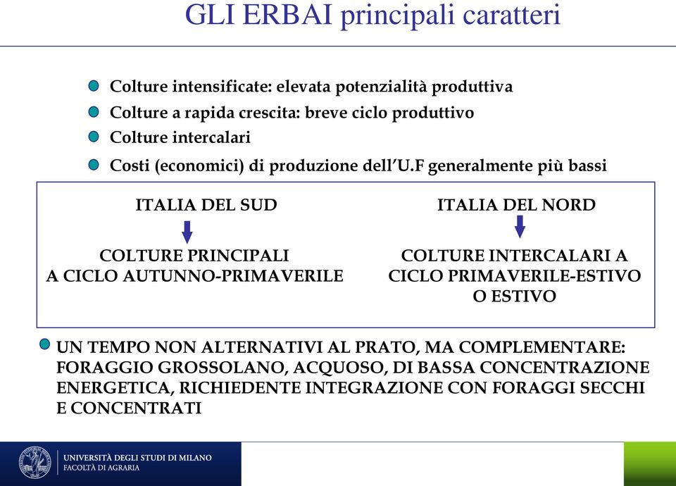 F generalmente più bassi ITALIA DEL SUD ITALIA DEL NORD COLTURE PRINCIPALI A CICLO AUTUNNO-PRIMAVERILE COLTURE INTERCALARI A CICLO