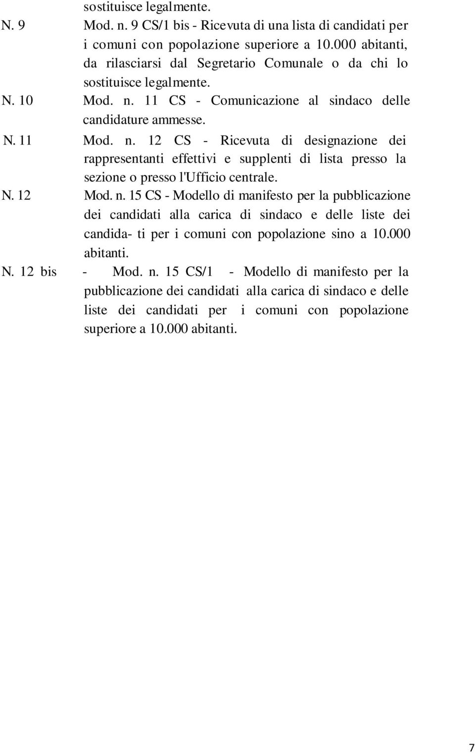 11 CS - Comunicazione al sindaco delle candidature ammesse. N. 11 Mod. n.