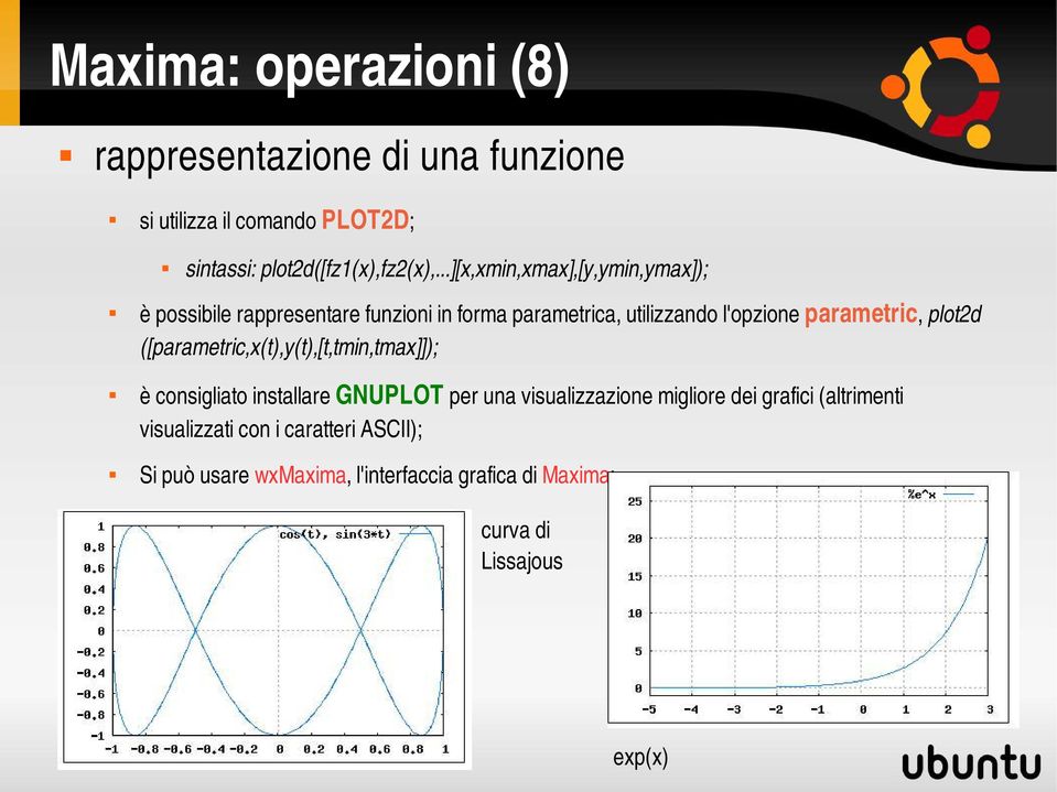 plot2d ([parametric,x(t),y(t),[t,tmin,tmax]]); è consigliato installare GNUPLOT per una visualizzazione migliore dei grafici