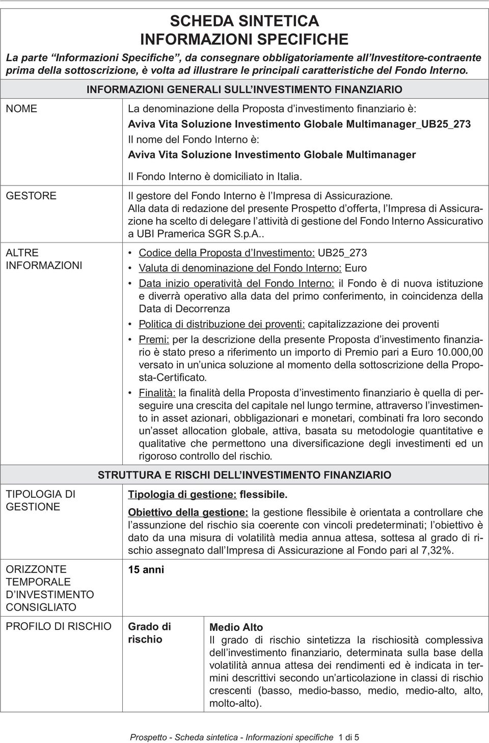 INFORMAZIONI GENERALI SULL INVESTIMENTO FINANZIARIO nome La denominazione della Proposta d investimento finanziario è: Aviva Vita Soluzione Investimento Globale Multimanager_UB25_273 Il nome del