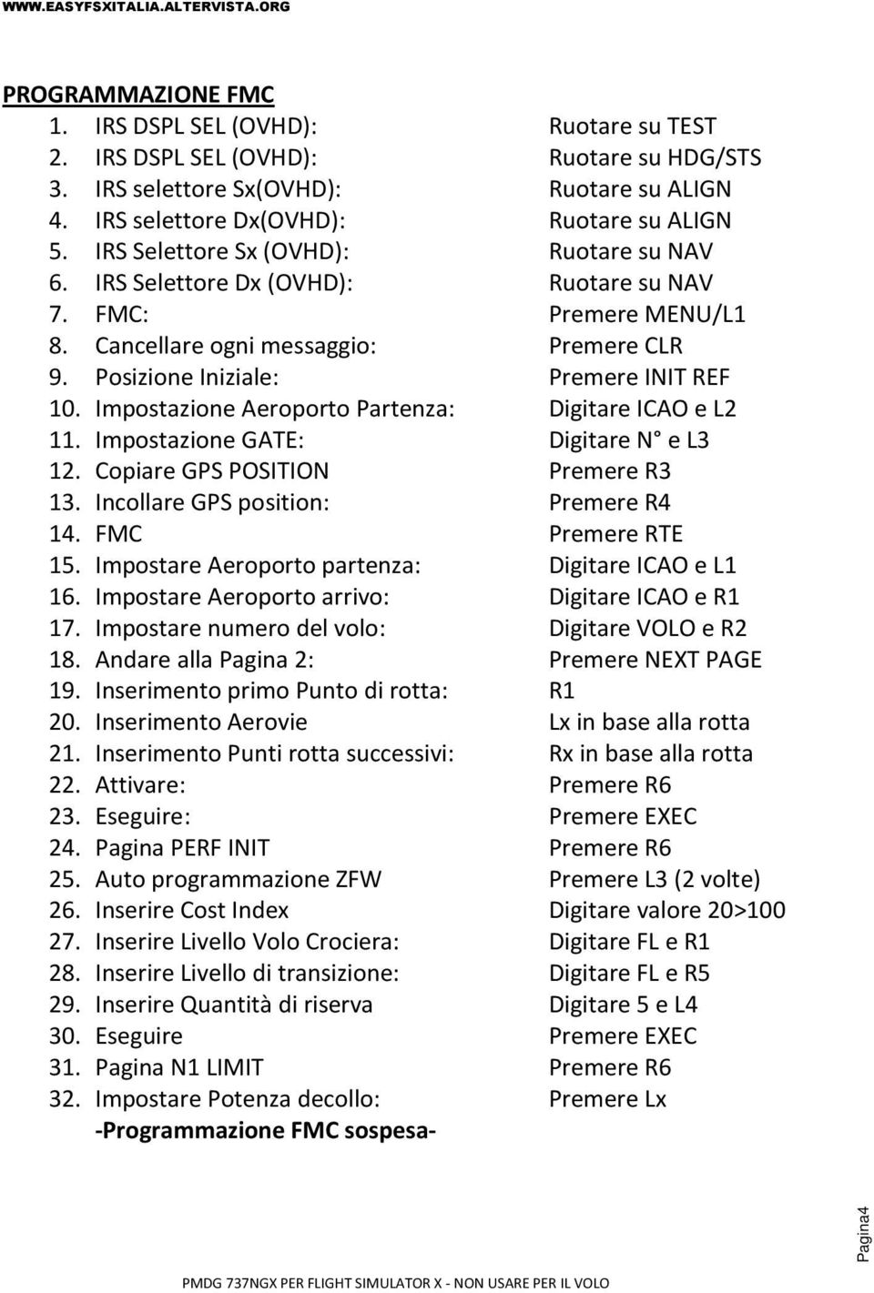 Impostazione Aeroporto Partenza: Digitare ICAO e L2 11. Impostazione GATE: Digitare N e L3 12. Copiare GPS POSITION Premere R3 13. Incollare GPS position: Premere R4 14. FMC Premere RTE 15.