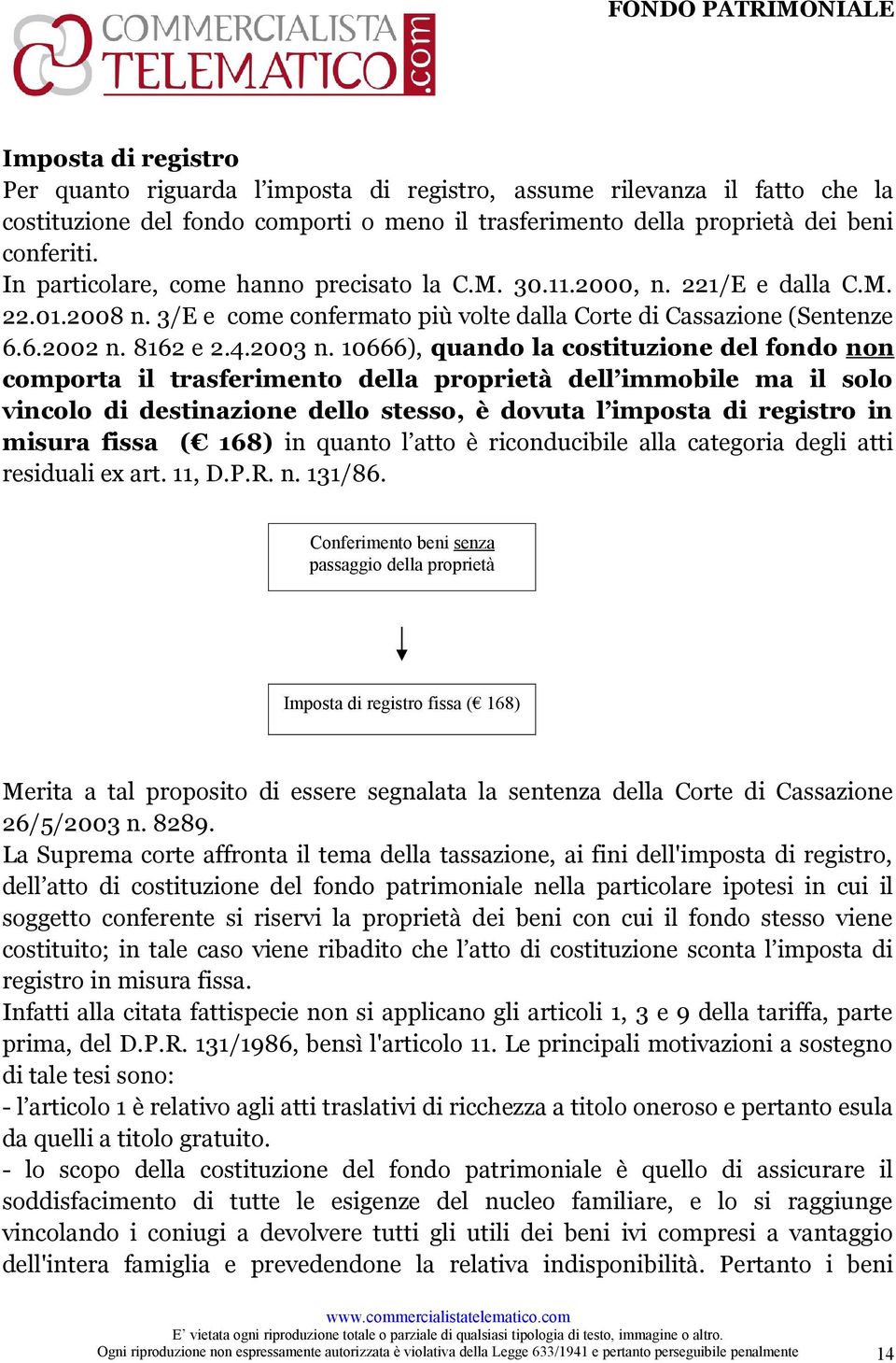 10666), quando la costituzione del fondo non comporta il trasferimento della proprietà dell immobile ma il solo vincolo di destinazione dello stesso, è dovuta l imposta di registro in misura fissa (